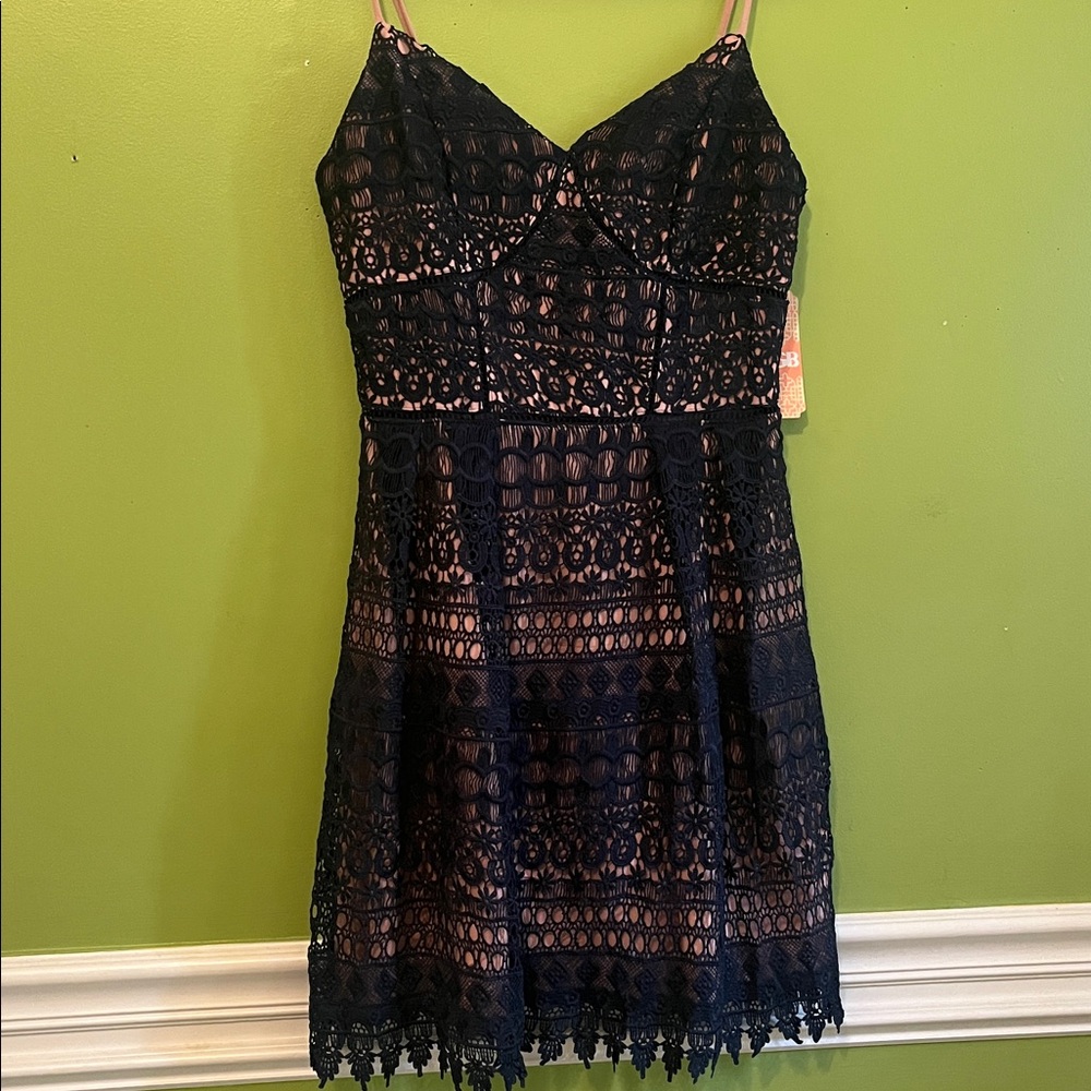 NWT Gianni Bini Navy Lace with Nude Underlay Dress